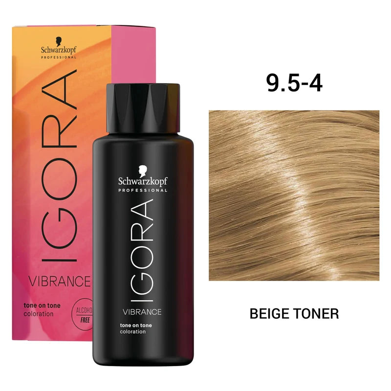 Schwarzkopf Professional Igora Vibrance hair color bottle in shade 9.5-4 Beige Toner, shown with its pink and orange gradient box and a hair swatch on a white background.