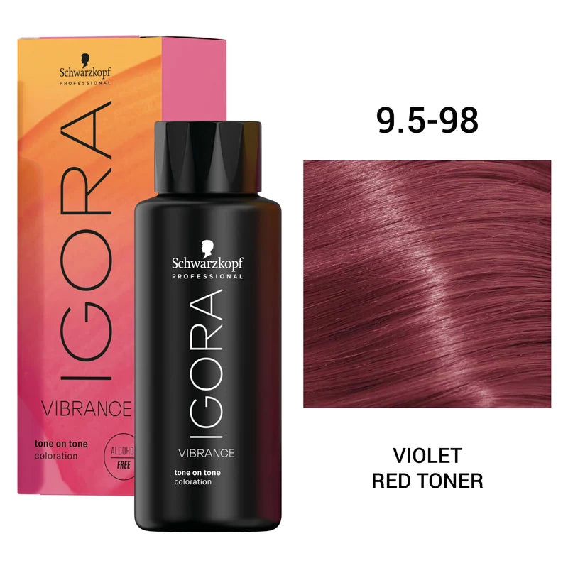 Schwarzkopf Professional Igora Vibrance tone on tone colorizer bottle in front of its pink and orange box, with a hair color swatch labeled 'Violet Red Toner' and shade code '9.5-98'.