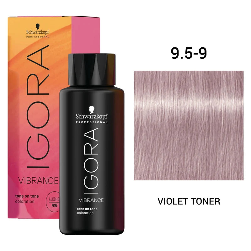 Schwarzkopf Professional Igora Vibration Coloration Violet Toner bottle in shade 9.5-9, shown with its pink and orange box and a hair swatch preview.