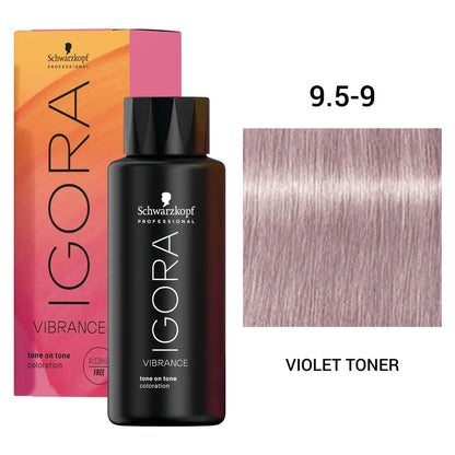 Schwarzkopf Professional Igora Vibration Coloration Violet Toner bottle in shade 9.5-9, shown with its pink and orange box and a hair swatch preview.