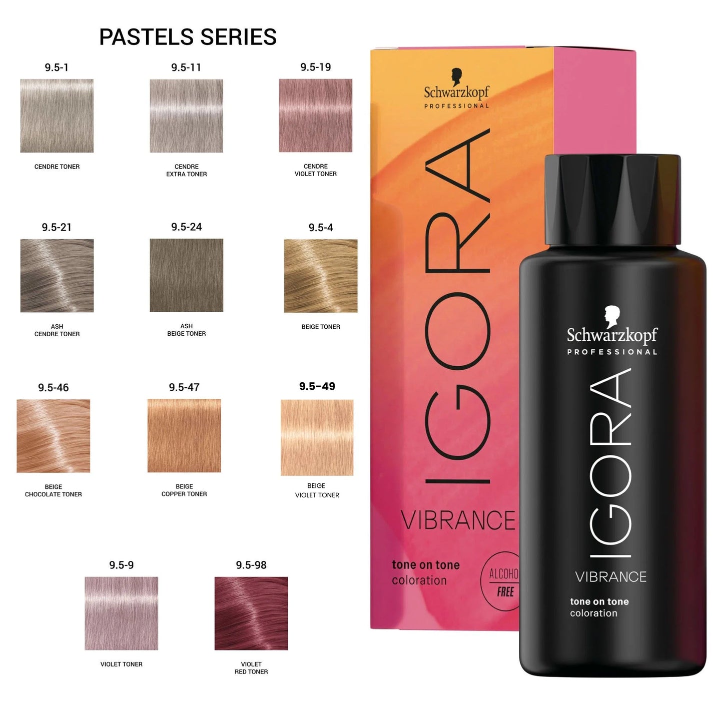 Schwarzkopf Professional Igora Vibrance tone on tone coloration box and bottle shown alongside a pastel hair color swatch chart labeled Pastels Series.