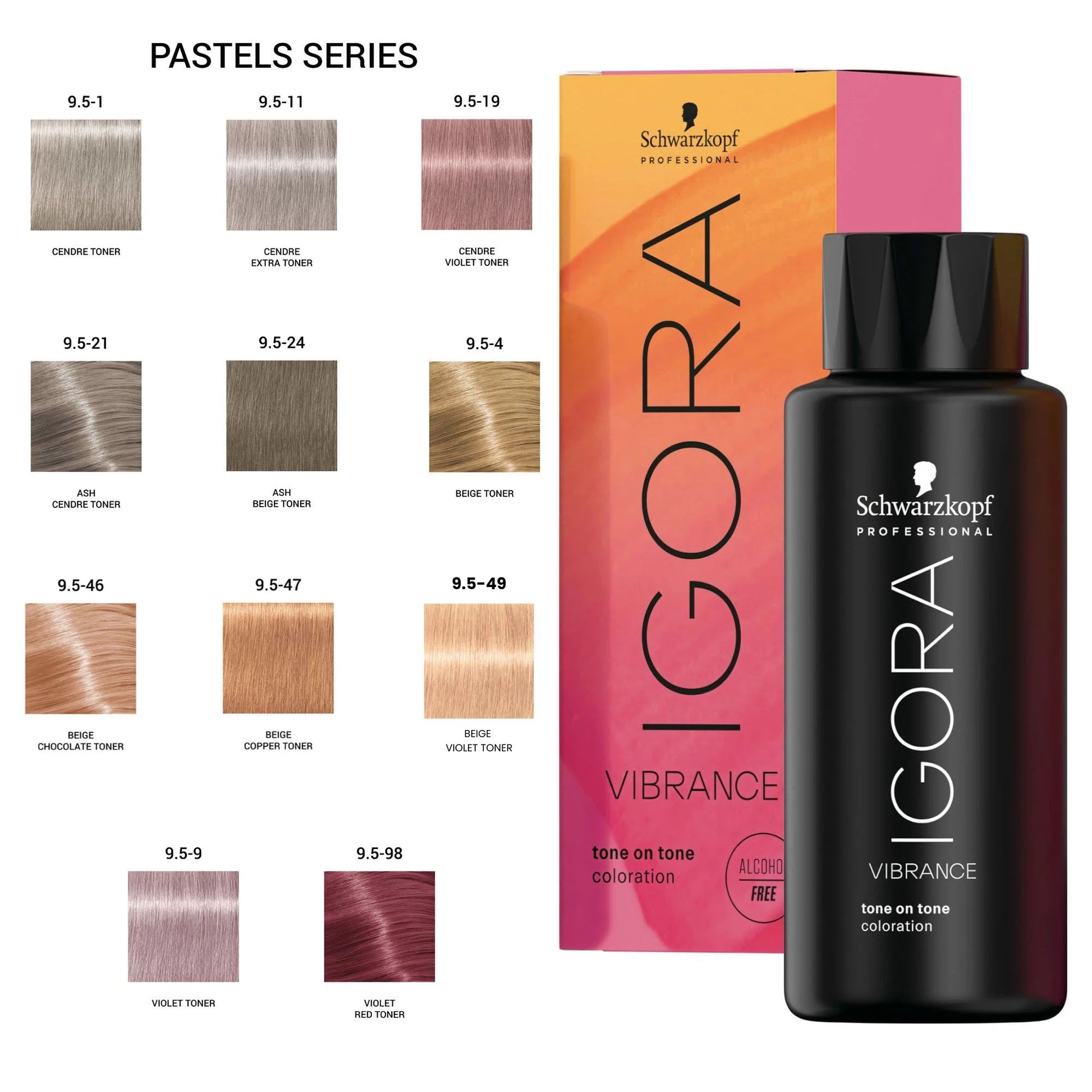 Schwarzkopf Professional Igora Vibrance tone on tone coloration box and bottle shown alongside a pastel hair color swatch chart labeled Pastels Series.