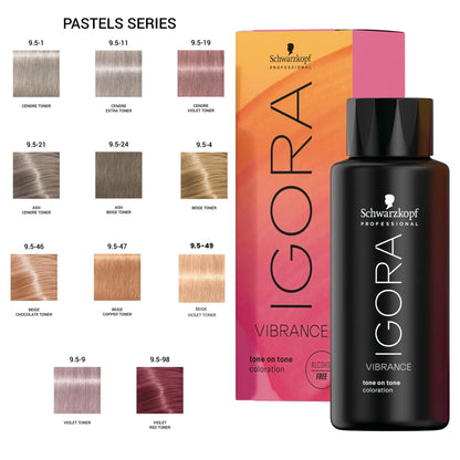 Schwarzkopf Professional Igora Vibrance tone on tone coloration box and bottle shown alongside a pastel hair color swatch chart labeled Pastels Series.