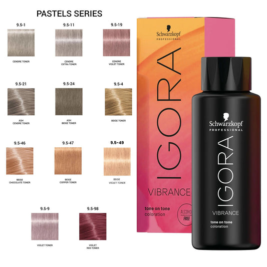 Schwarzkopf Professional Igora Vibrance tone on tone coloration box and bottle shown alongside a pastel hair color swatch chart labeled Pastels Series.