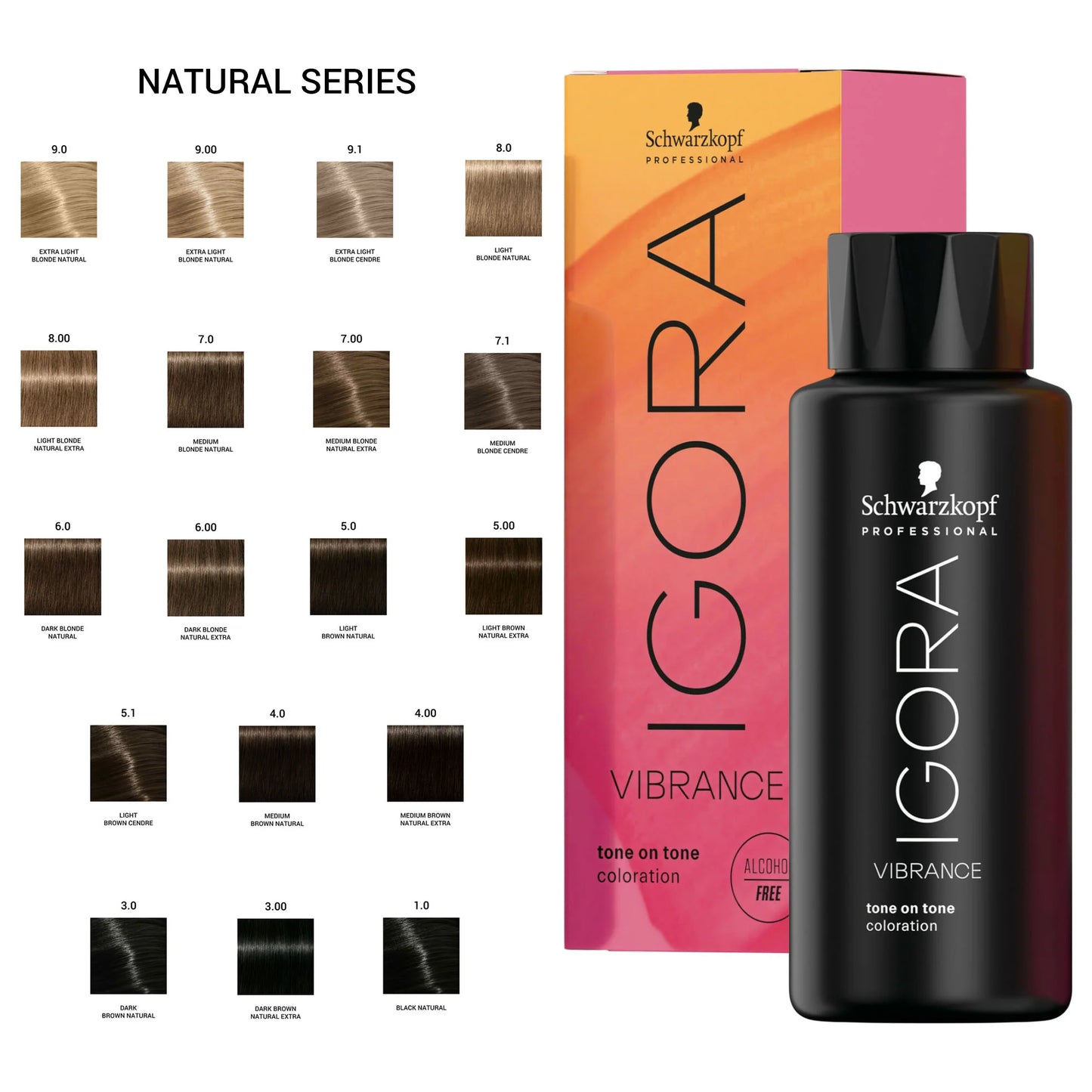 Schwarzkopf Professional Igora Vibrance tone on tone coloration liquid in the Natural Series, shown with its orange and pink box and a bottle of dark brown hair color on a white background, accompanied by a chart of natural hair color swatches.