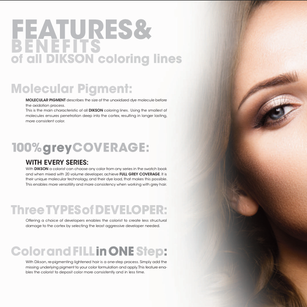 Advertisement for Dikson hair coloring lines with text and a close-up of a woman's face.