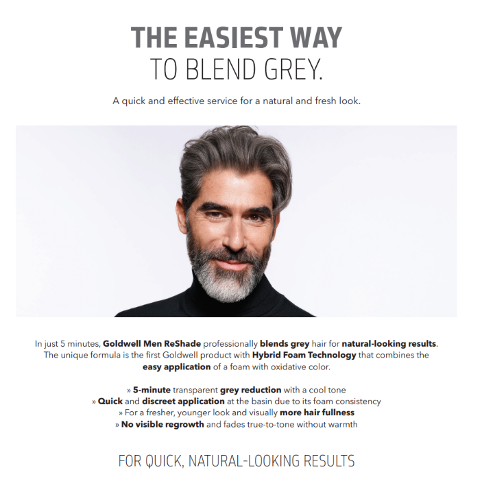 Advertisement for Goldwell Men ReShade hair product with a man with gray hair and beard.