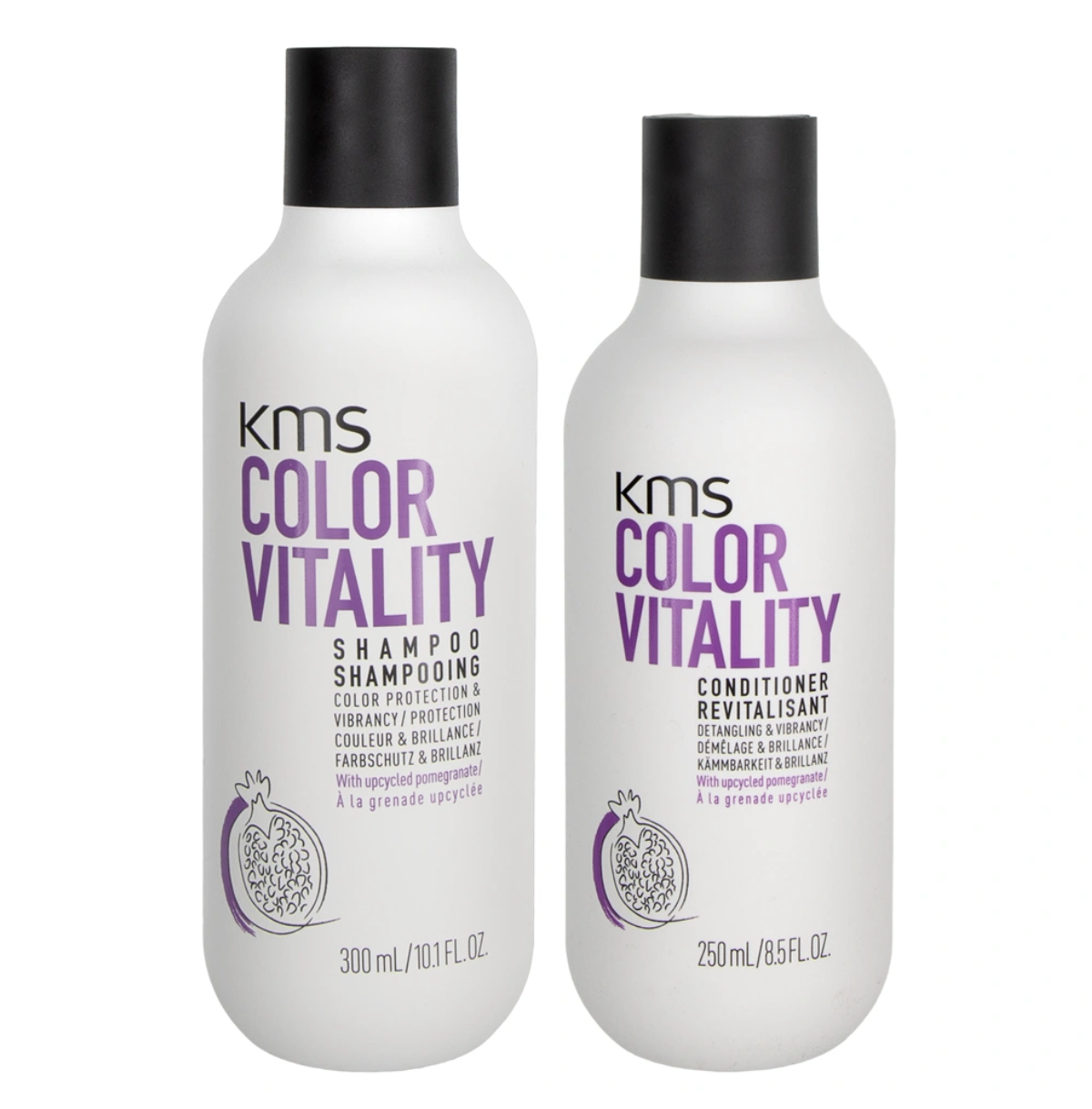 Two KMS Color Vitality shampoo and conditioner bottles on a white background