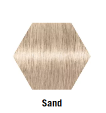 Hexagonal color swatch labeled BlondMe toner 'Sand' on a white background