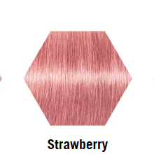 Hexagonal color swatch with BlondMe strawberry pink toner hair color on a white background
