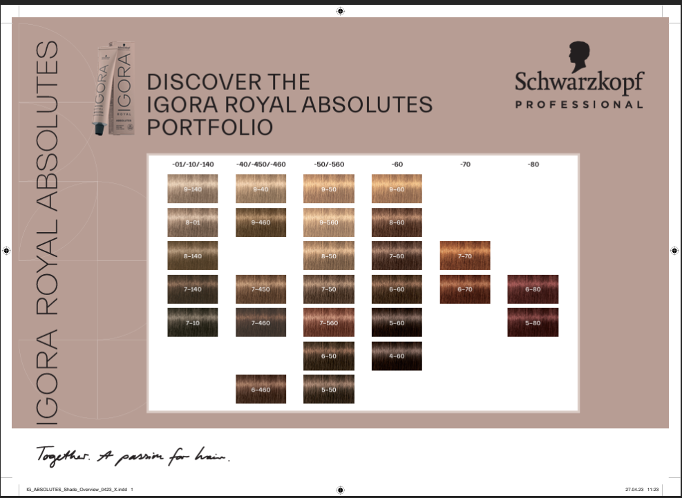 Schwarzkopf Professional Igora Royal Absolutes hair color chart on a beige background