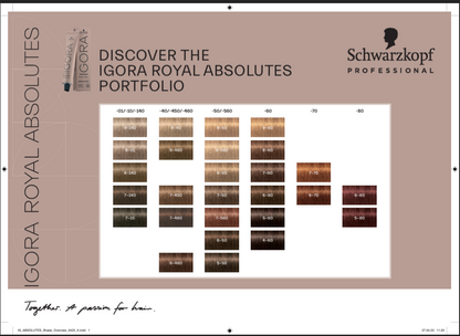 Schwarzkopf Professional Igora Royal Absolutes hair color chart on a beige background