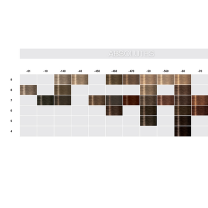 Igora Absolutes Color swatch chart for hair dye with brown shades on a white background
