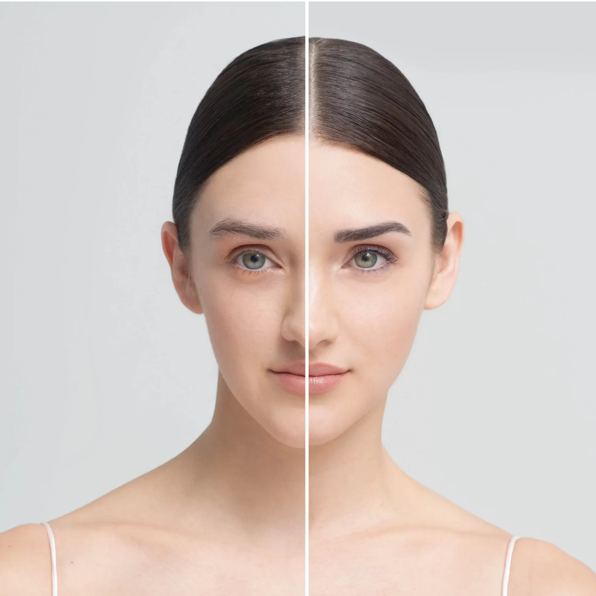 Before and after RefectoCil comparison of a woman's face on a plain background