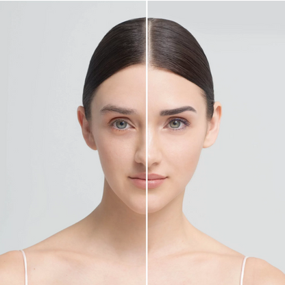 Before and after RefectoCil comparison of a woman's face on a plain background