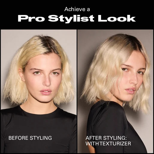 Before and after comparison of styled hair with sebastian texturizer text 'Achieve a Pro Stylist Look'.