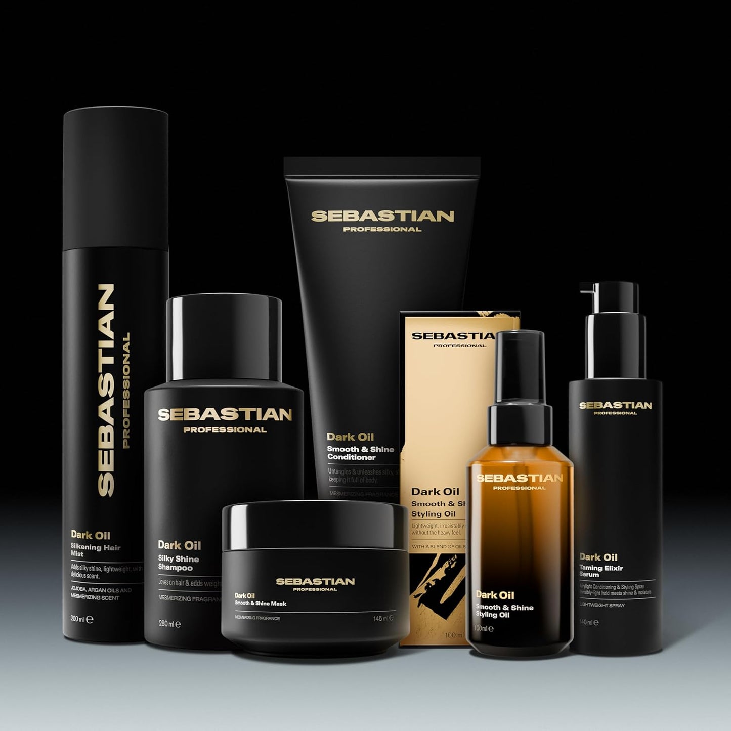 Collection of Sebastian Professional  Dark Oil hair care products on a gradient background