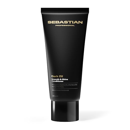 Black tube of Sebastian Professional Dark Oil Smooth & Shine Conditioner on a white background
