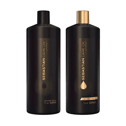 Two bottles of Sebastian Dark Oil shampoo and conditioner litres