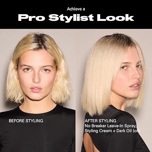 Before and after comparison of a woman's hairstyle with text indicating styling products used.