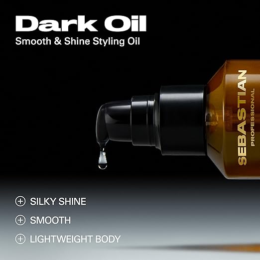 Sebastian Dark Oil bottle specs with droplet on a black background