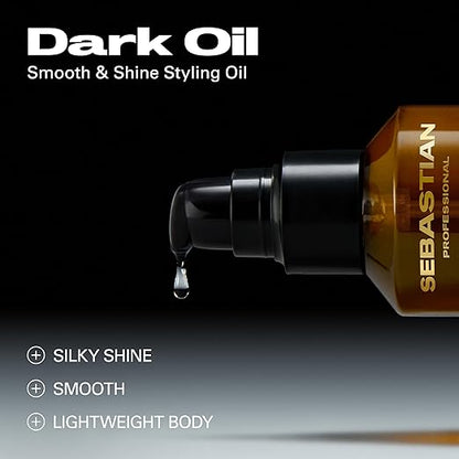 Sebastian Dark Oil bottle specs with droplet on a black background