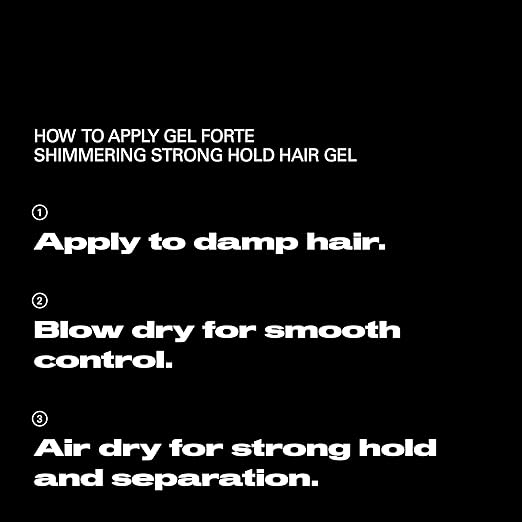 Instructions for applying Gel Forte Shimmering Strong Hold Hair Gel on a black background