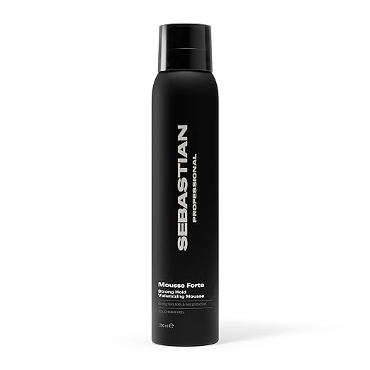 Black hair mousse forte bottle with 'Sebastian' branding on a white background