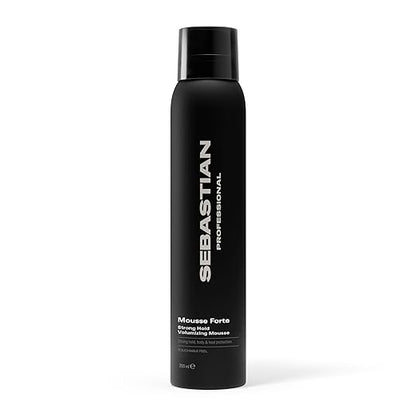Black hair mousse forte bottle with 'Sebastian' branding on a white background