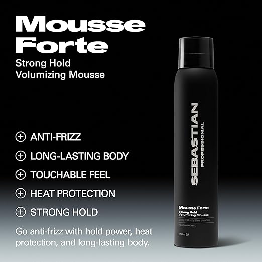 Sebastian Mousse Forte hair mousse bottle with product features on a black background