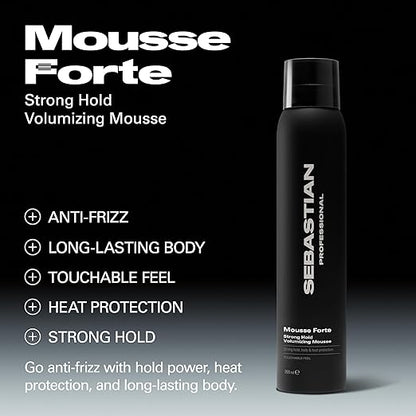 Sebastian Mousse Forte hair mousse bottle with product features on a black background