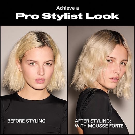 Before and after comparison of a woman's hairstyle with text indicating a professional stylist look.