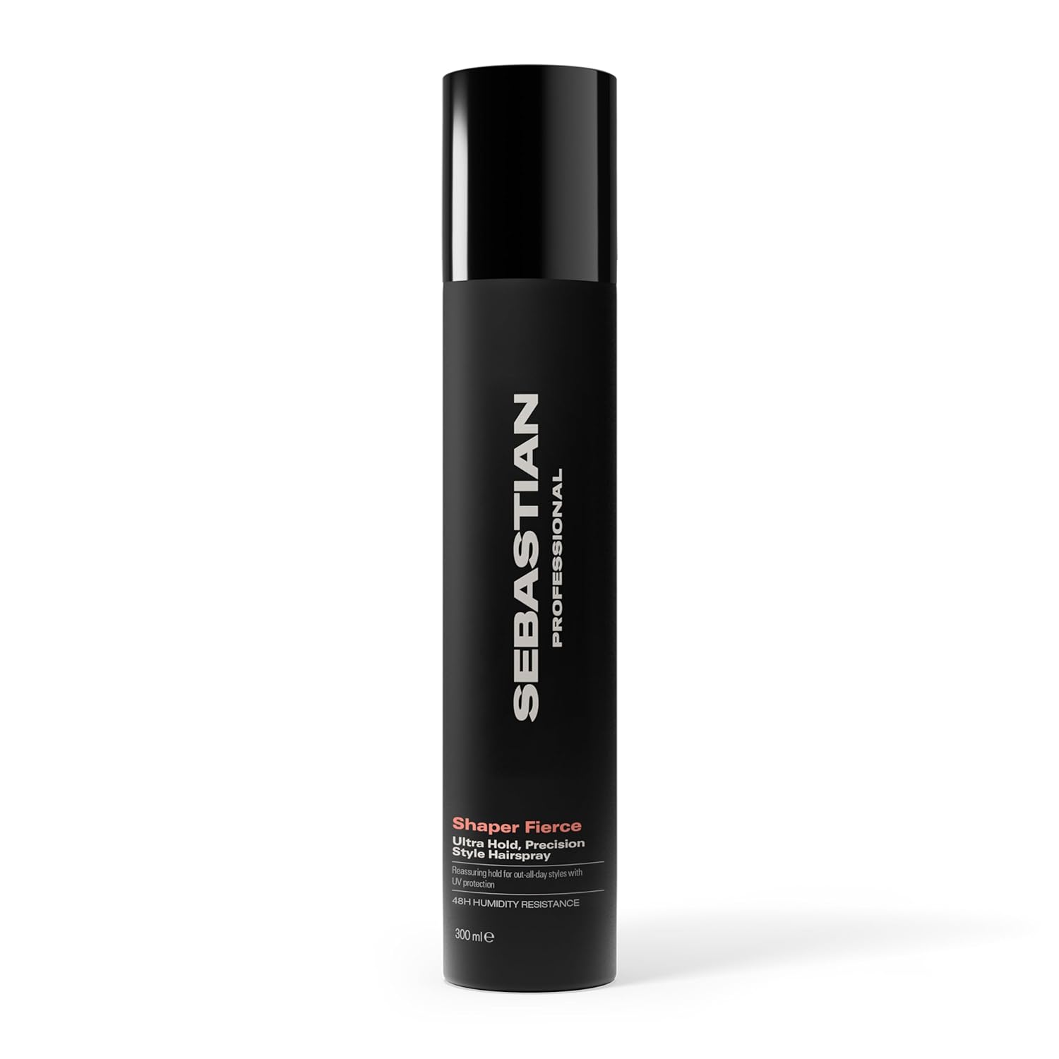 Black hair spray bottle with 'Sebastian' Shaper Fierce on a white background
