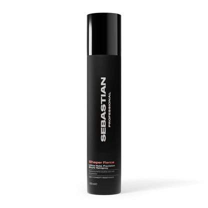 Black hair spray bottle with 'Sebastian' Shaper Fierce on a white background