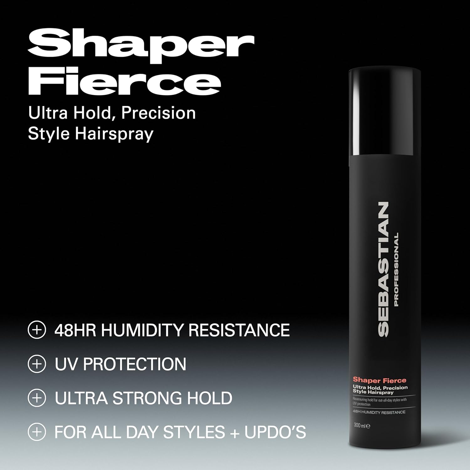 Sebastian Professional Shaper Fierce hairspray bottle with product details on a black and gray background
