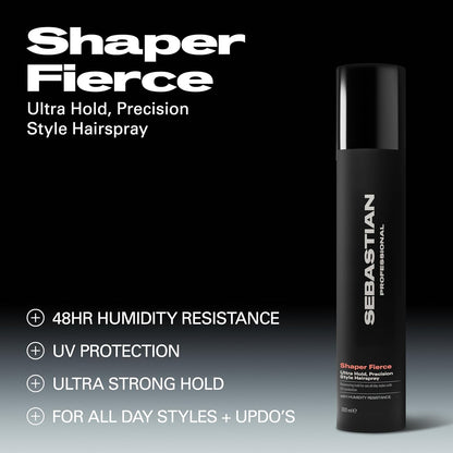 Sebastian Professional Shaper Fierce hairspray bottle with product details on a black and gray background