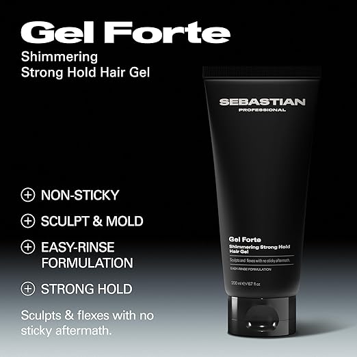 Sebastian Gel Forte hair gel tube with product features on a black and gray background