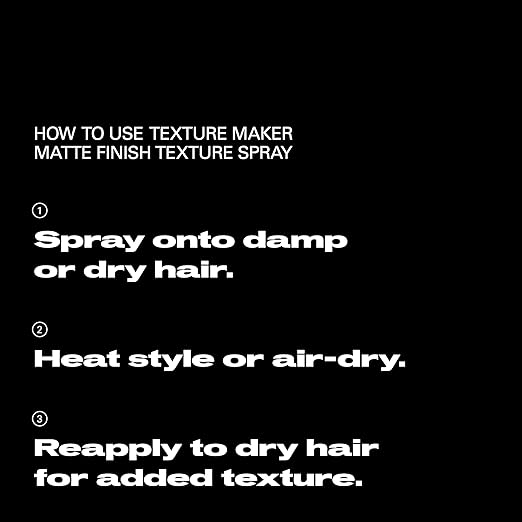 Instructions for using texture maker spray on a black background