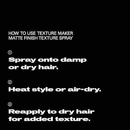 Instructions for using texture maker spray on a black background