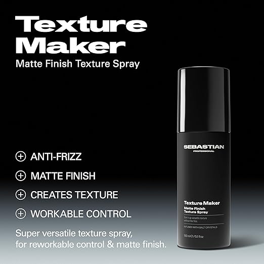 Sebastian Texture Maker spray bottle with product features on a black background