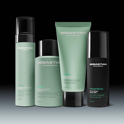 Collection of Sebastian Volupt hair care products on a gradient background