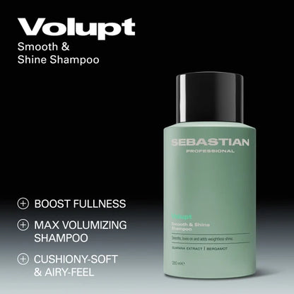 Sebastian Professional Smooth & Shine Shampoo bottle on a black background with product features listed.