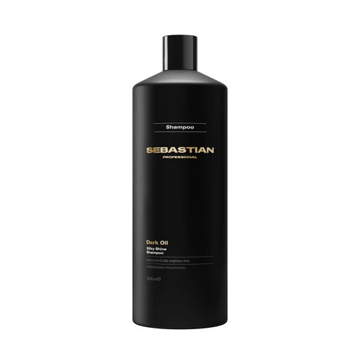 Black shampoo bottle with 'Sebastian' Dark Oil shampoo litre branding on a white background