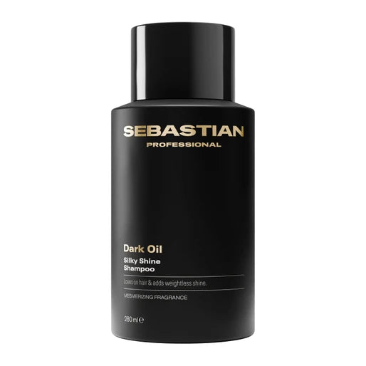 Black bottle of Sebastian Professional Dark Oil Silky Shine Shampoo 280ml on a white background