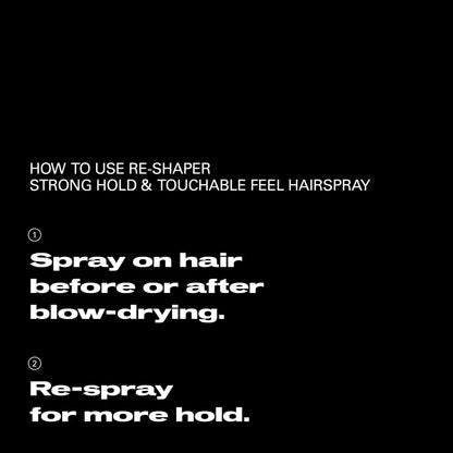 Instructions for using Re-Shaper hairspray on a black background