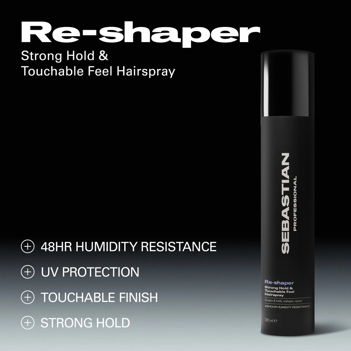 Sebastian Re-shaper hairspray bottle with product features on a gradient background