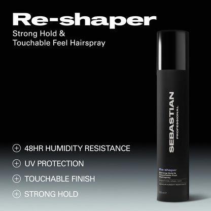 Sebastian Re-shaper hairspray bottle with product features on a gradient background
