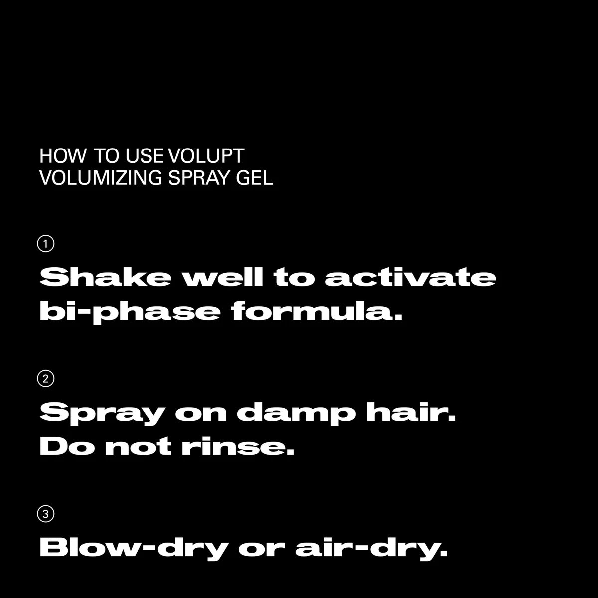Instructions for using Volupt volumizing spray gel on a black background