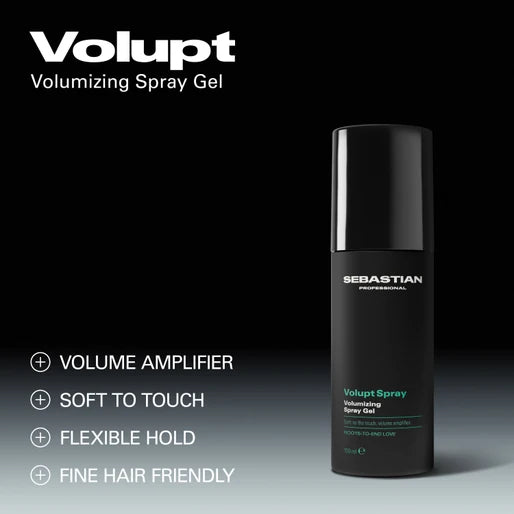 Sebastian Volupt Volumizing Spray Gel bottle on a black background with product features listed.