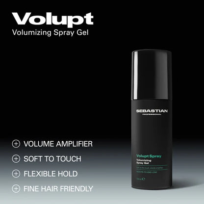 Sebastian Volupt Volumizing Spray Gel bottle on a black background with product features listed.